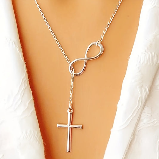 1pc Bright Silvery Cross & Infinity Symbol Pendant Necklace, Exquisite Adjustable Necklace, Holiday Birthday Party Gift For Girls