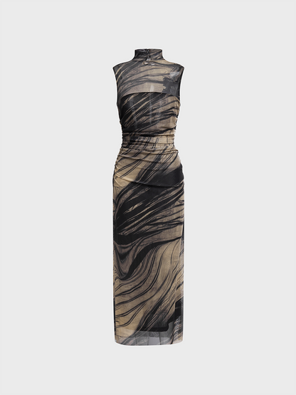 Double Layer Wrinkled Half Turtleneck Abstract Sleeveless Maxi Dress