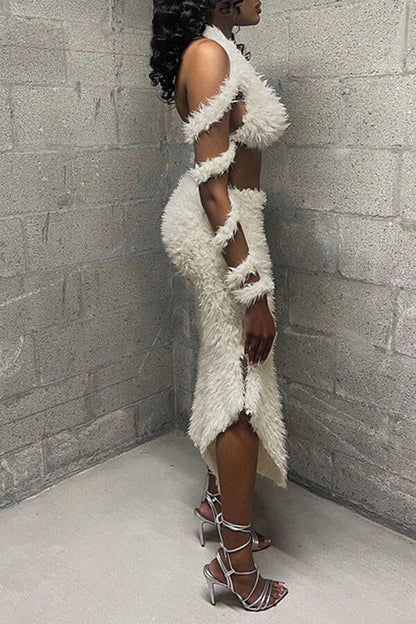 Solid Color Furry Hot Strappy Dress Suit