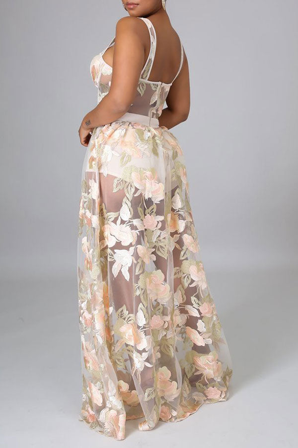 Floral Embroidery Glamorous See-Through Maxi Dress