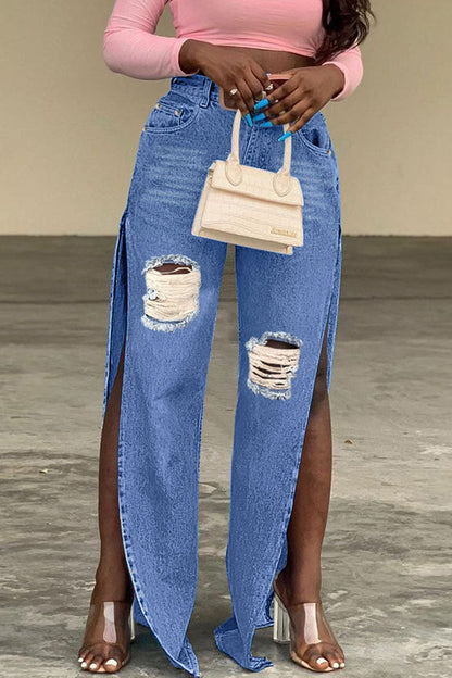 lovwvol  - Blue Sexy Street Solid Ripped Patchwork Slit High Waist Denim Jeans