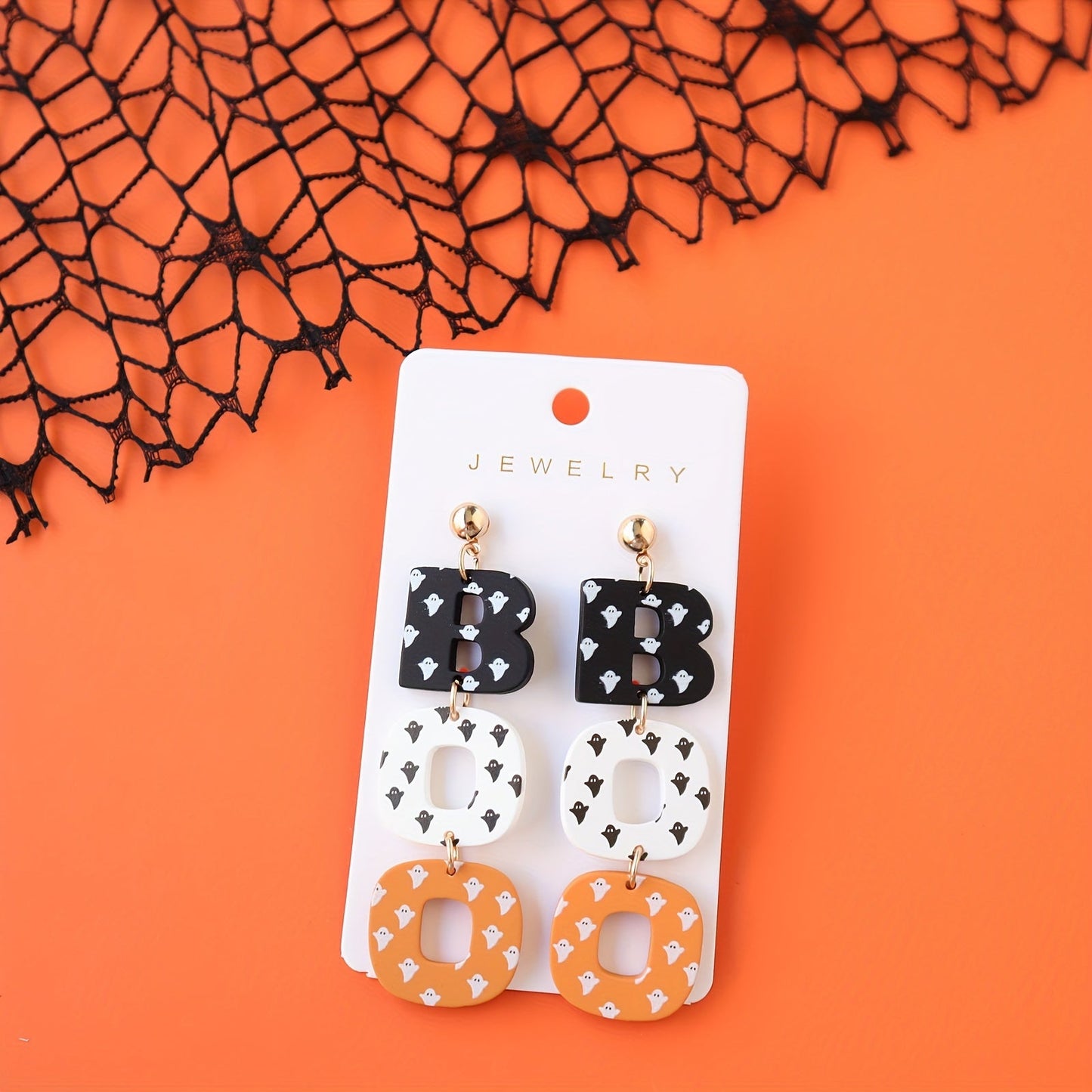 Halloween Acrylic Drop Earrings Cute Ghost Print BOO Dangle Fun & Quirky Party Accessory, Hypoallergenic Stainless Steel Ear Needle, No Plating - All Seasons Festive Jewelry Gift