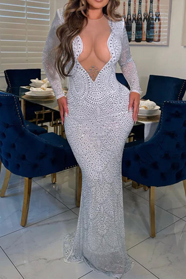 Rhinestone Glamorous Mesh Patchwork Maxi Dress