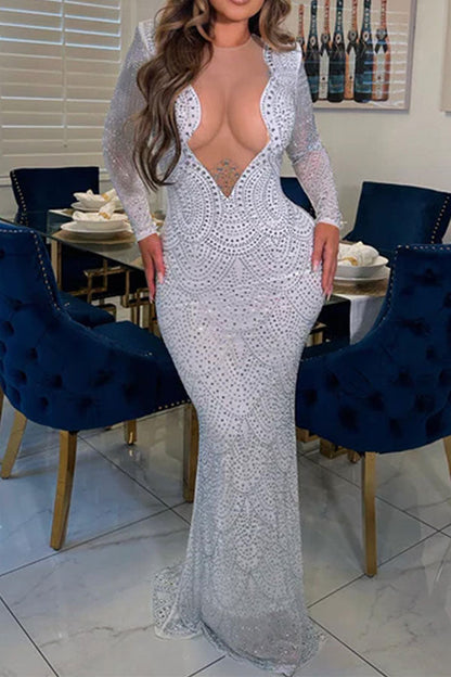 Rhinestone Glamorous Mesh Patchwork Maxi Dress