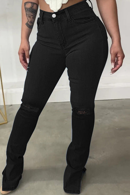 lovwvol  - Black Casual Solid Ripped Slit High Waist Regular Denim Jeans