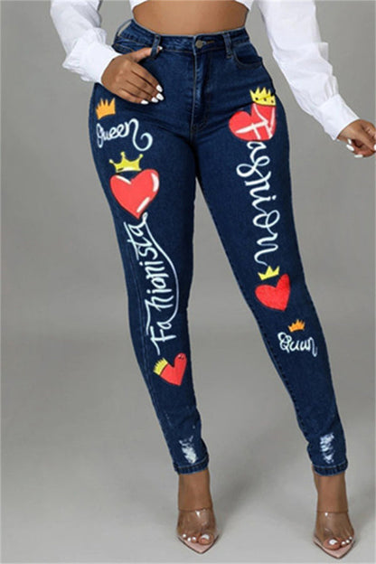 lovwvol  - Deep Blue Fashion Casual Print Patchwork Mid Waist Skinny Denim Jeans