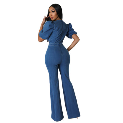 Women's Ruched Balloon Sleeves Puff Sleeves Fashion Casual Sexy Denim Cutout Jumpsuit