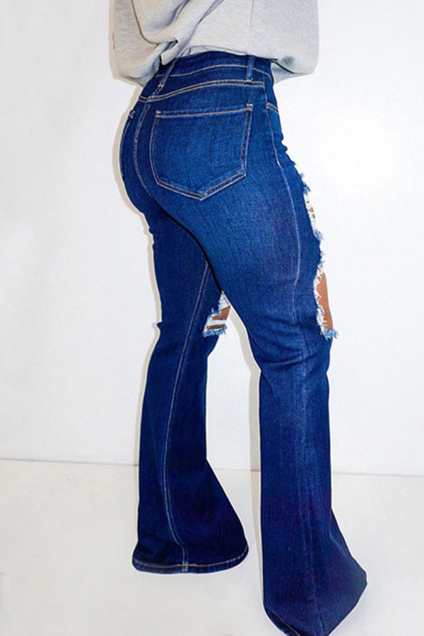 lovwvol  - Deep Blue Fashion Casual Solid Ripped High Waist Regular Denim Jeans