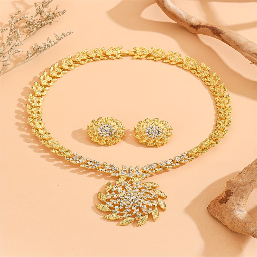 Vintage Tribal Style 14K Gold Plated Jewelry Set with Rhinestone Mosaic - Zinc Alloy Sun-Inspired Bridal Necklace and Earrings Duo for Weddings and Banquets