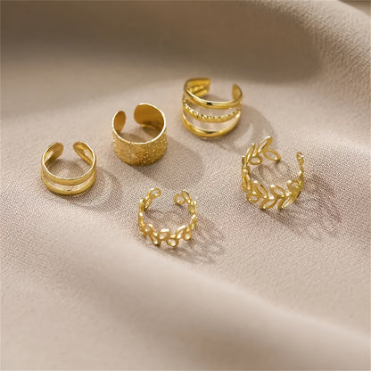 Chic 5-Piece Ear Cuff Set - Elegant Leaf & Circle Clips, No Piercing Women's Fashion, Versatile for Any Occasion