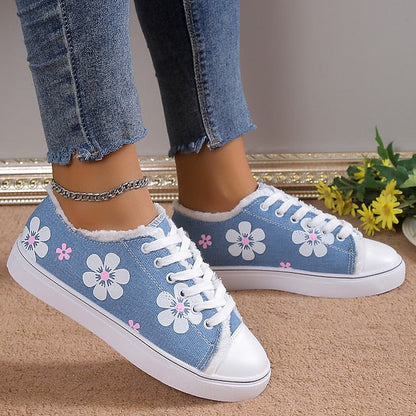 Women's Sneakers Plus Size Canvas Shoes Outdoor Daily Flat Heel Round Toe Sporty Casual Walking Shoes Canvas Lace-up Floral Dark Grey White Yellow