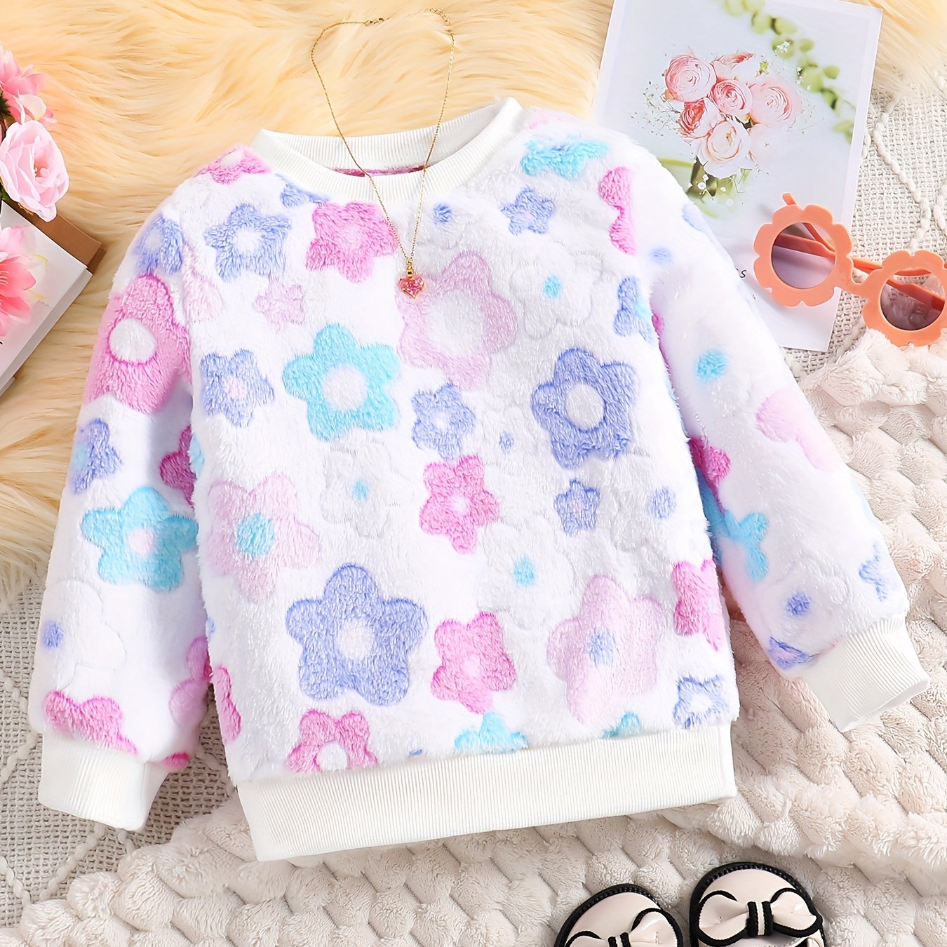 Kids' Furry Star Jacquard Sweatshirt - Soft, Cute, Smart, Fleece-Lined, Long-Sleeved, Spring and Autumn Wear for Girls - Ideal for Casual Daily Life, Outdoor Play, and School Wear