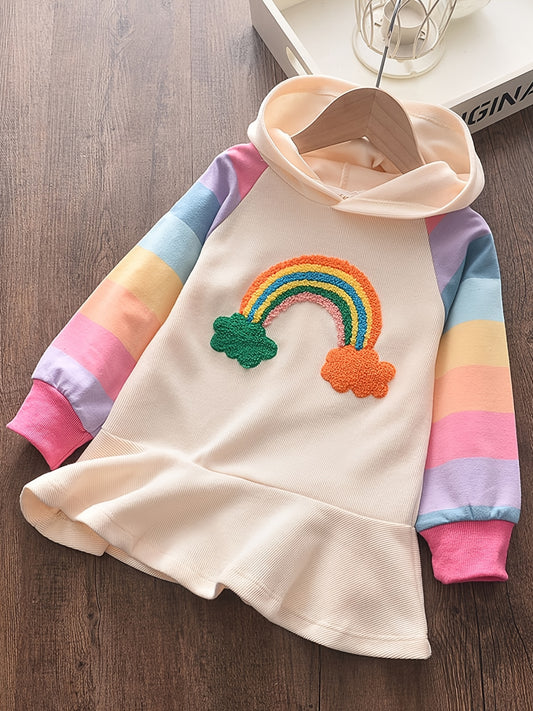 Girls' Rainbow Patterned Pleated Dress Hoodie - Casual Polycotton Long Sleeve Pullover for Spring & Fall