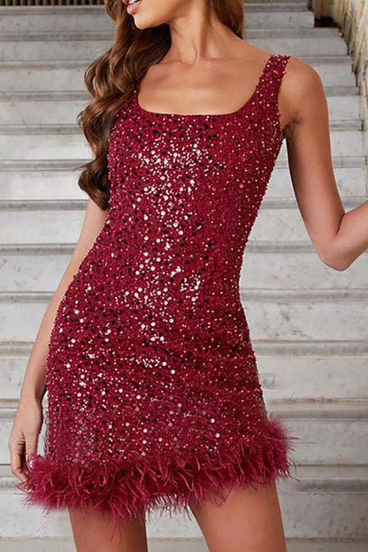 Sequined Hot Irregular Feather Hem Mini Dress