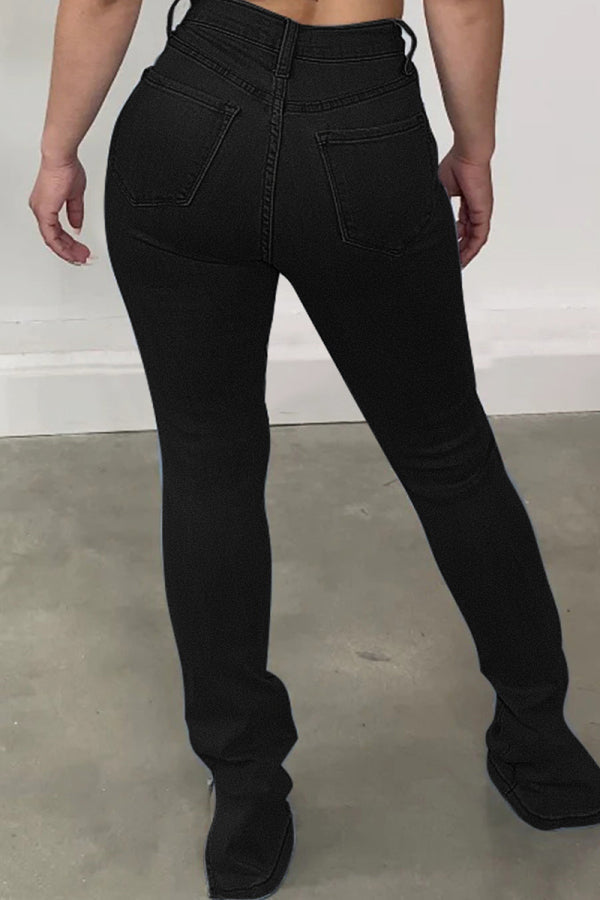 lovwvol  - Black Casual Solid Ripped Slit High Waist Regular Denim Jeans