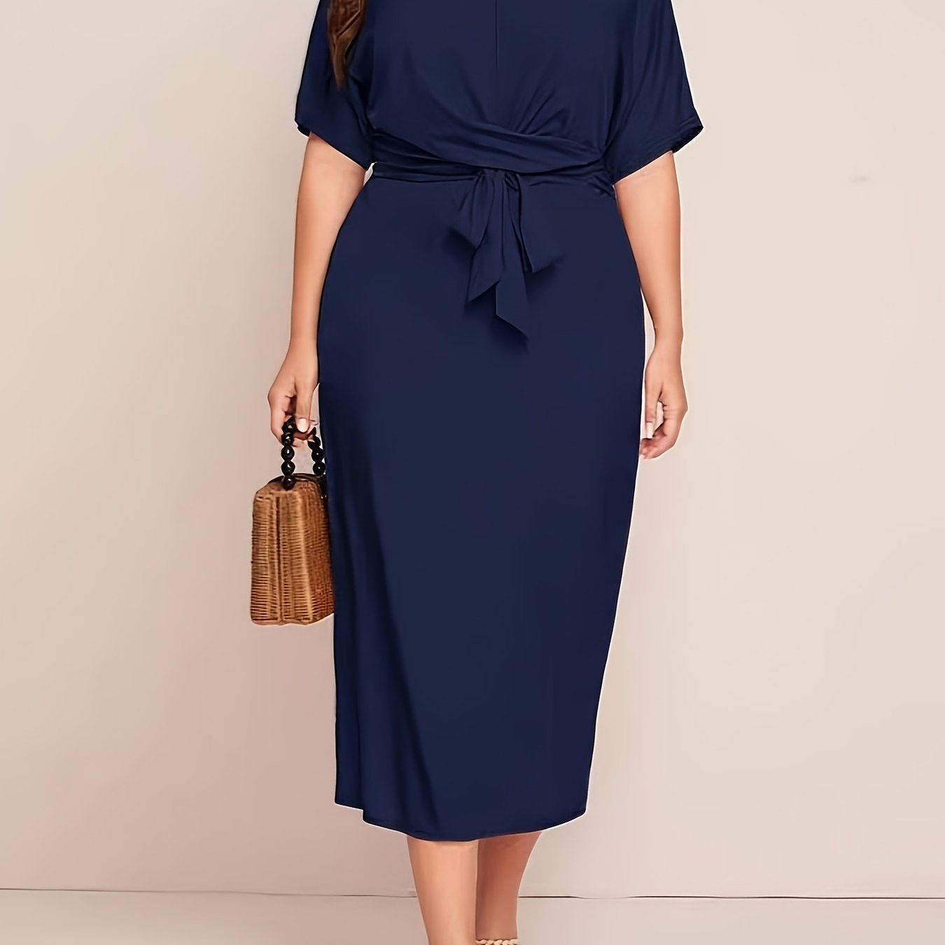 Chic All-Season Elegance: Durable Knit, Non-Sheer Solid Color Dress with Crew Neck, Half-Sleeves, and Flattering Tie Waist