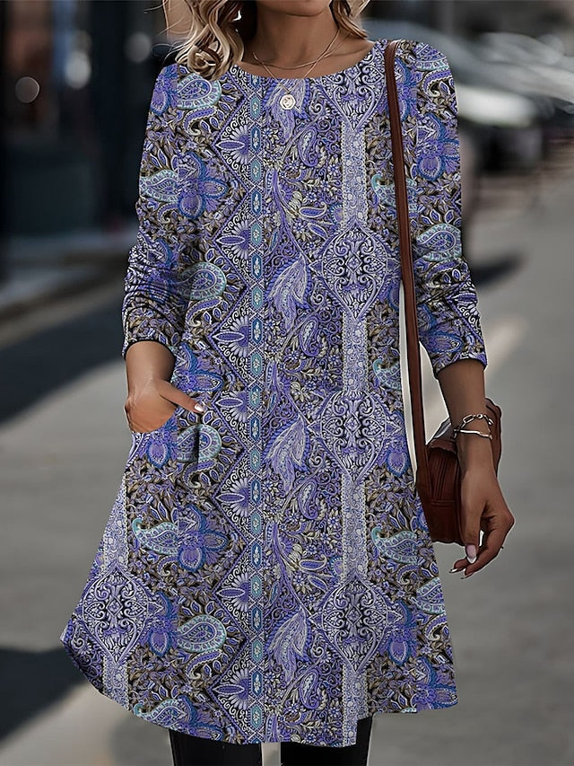 Women's Casual Dress T Shirt Dress Tee Dress Winter Dress Floral Paisley Pocket Print Crew Neck Midi Dress Vintage Ethnic Outdoor Daily Long Sleeve Regular Fit Yellow Pink Blue Fall Winter S M L XL