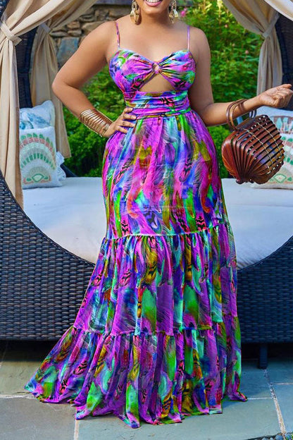 Tie Dye Bohemia Ruffle Maxi Dress