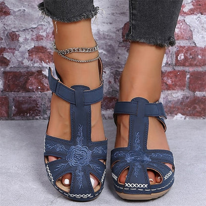 Women's Sandals Wedge Sandals Platform Sandals Outdoor Daily Beach Summer Embroidery Wedge Heel Round Toe Elegant Casual Minimalism Faux Leather Magic Tape Solid Color Black Blue Purple