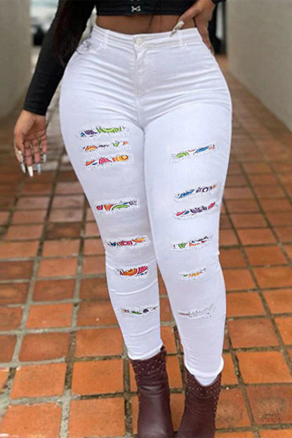 lovwvol  - White Fashion Casual Solid Ripped Patchwork High Waist Skinny Denim Jeans