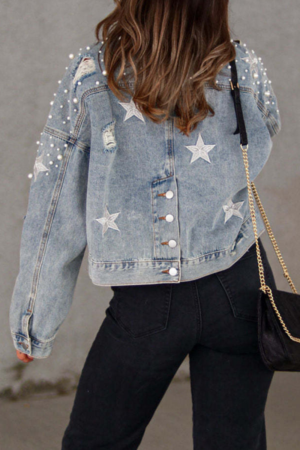 lovwvol  - Light Blue Casual Solid Beading Turndown Collar Long Sleeve Denim Jacket