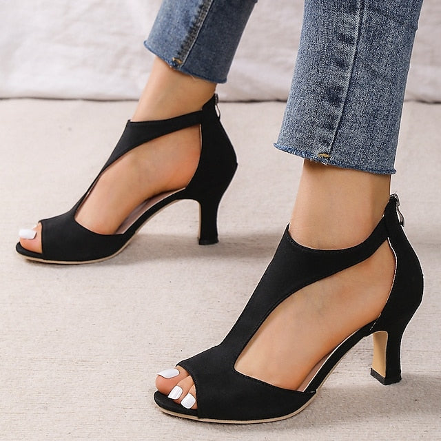 Women's Sandals Plus Size Outdoor Daily Beach Summer Zipper High Heel Kitten Heel Peep Toe Casual Minimalism Satin Zipper Solid Color Leopard Zebra Black