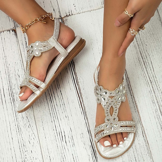 Women's Sandals Flat Sandals Outdoor Beach Summer Rhinestone Flat Heel Elegant Casual Minimalism Microfiber Elastic Band Silver Black White