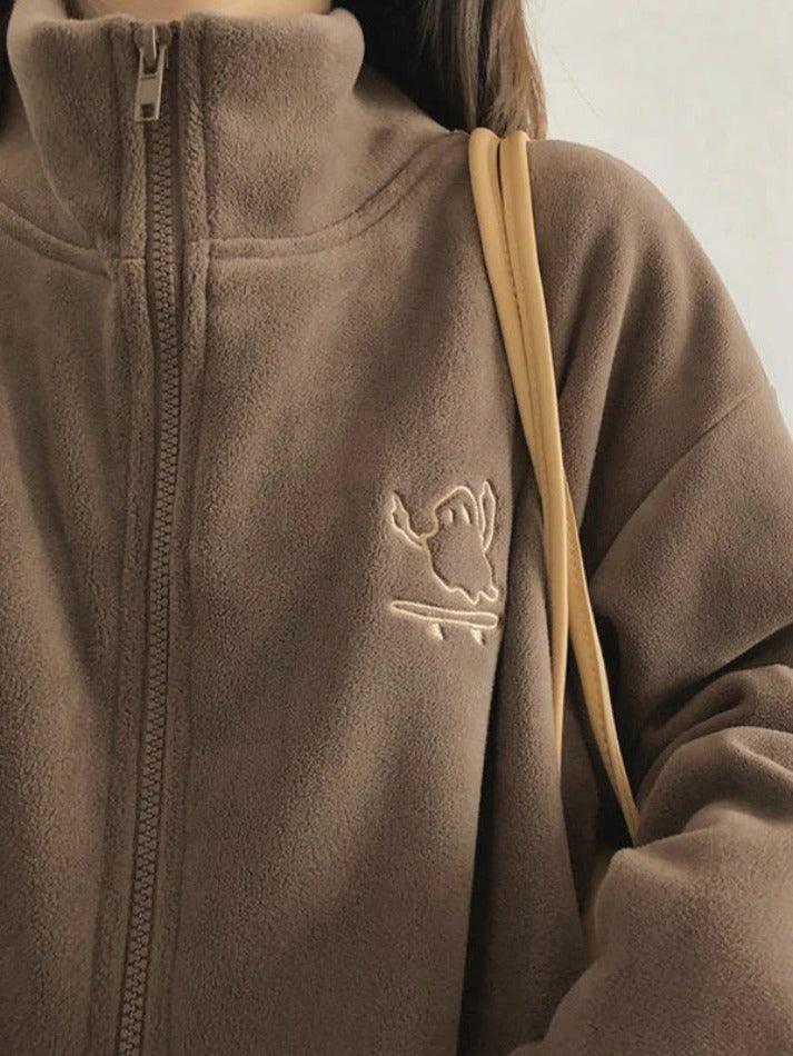 Embroidery Zip Up Fleece Jacket