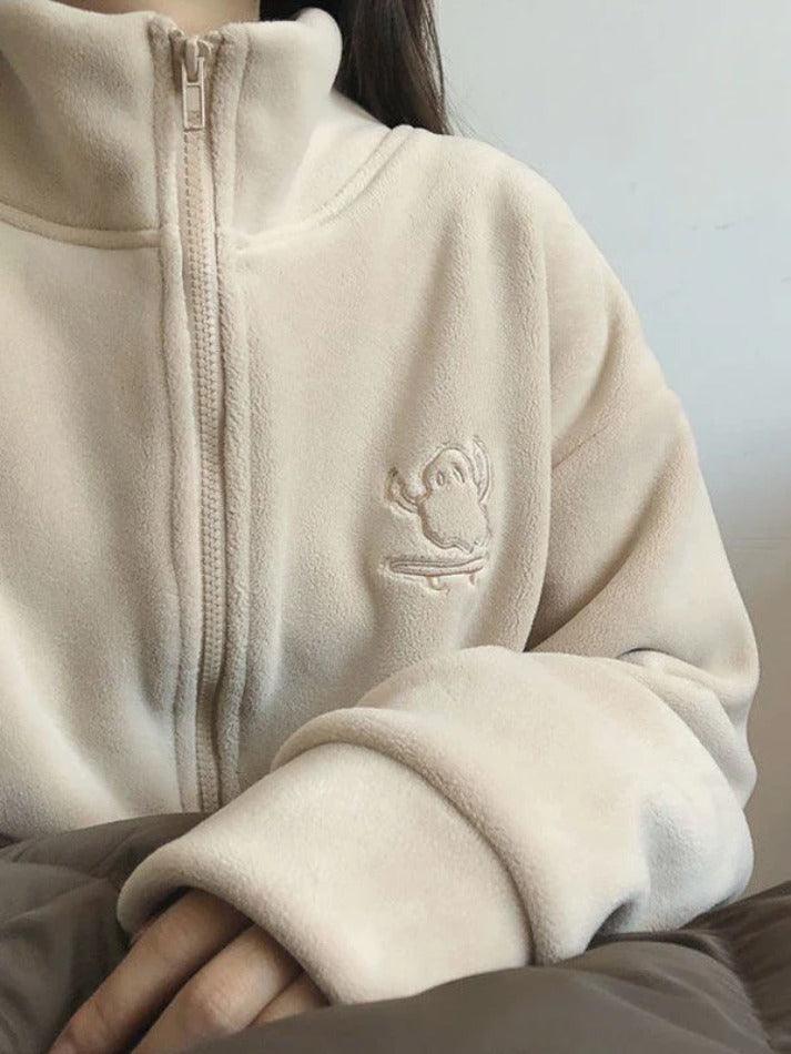 Embroidery Zip Up Fleece Jacket