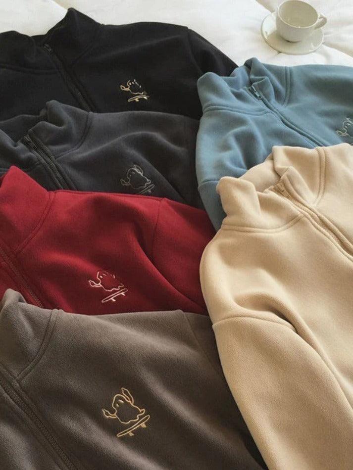 Embroidery Zip Up Fleece Jacket