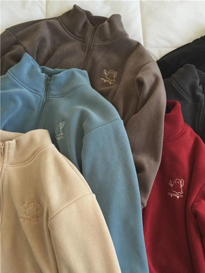 Embroidery Zip Up Fleece Jacket