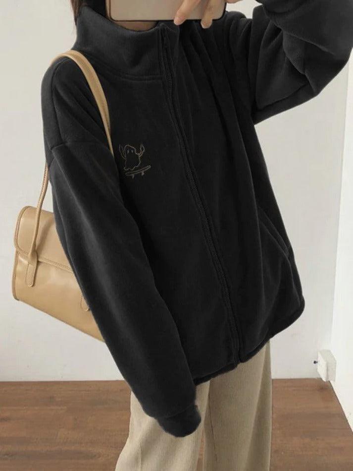 Embroidery Zip Up Fleece Jacket