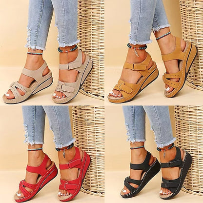 Women's Sandals Wedge Sandals Comfort Shoes Outdoor Daily Walking Summer Buckle Wedge Heel Open Toe Classic Casual PU Leather Polyester Ankle Strap Solid Color Black Red Orange