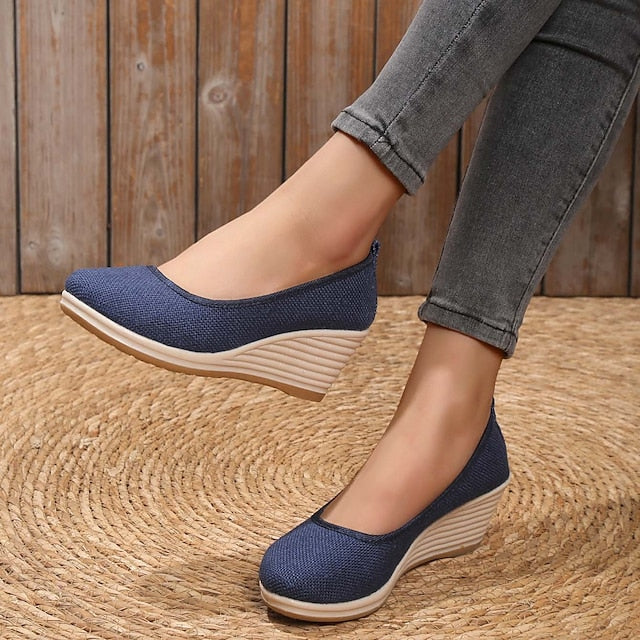 Women's Heels Wedge Heels Espadrilles Comfort Shoes Outdoor Daily Summer Wedge Heel Round Toe Elegant Casual Comfort Canvas Loafer Solid Color White flat Black flat Black