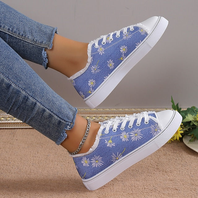 Women's Sneakers Plus Size Canvas Shoes Outdoor Daily Flat Heel Round Toe Sporty Casual Walking Shoes Canvas Lace-up Floral Dark Grey White Yellow