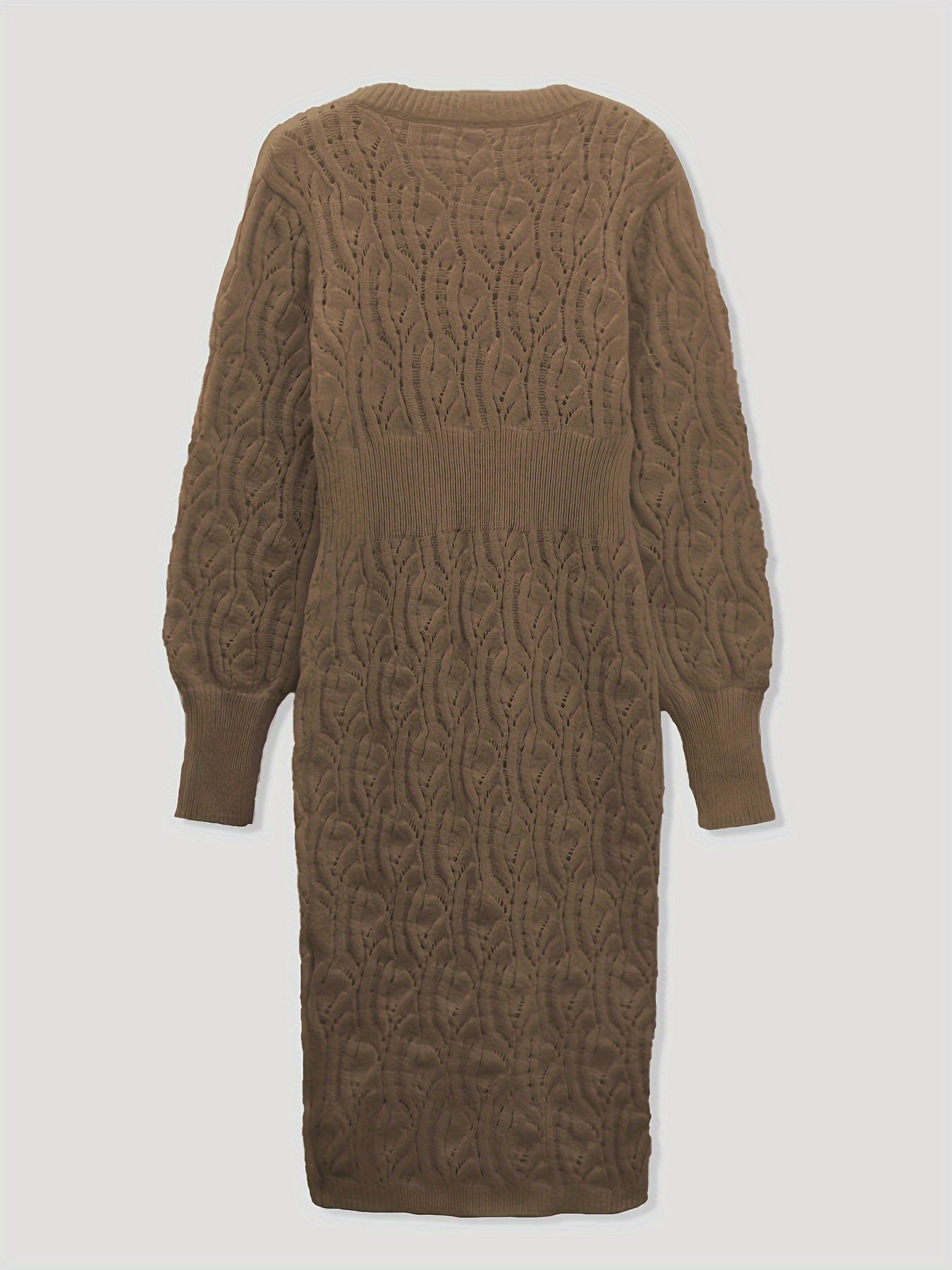 Chic Warm V-Neck Midi Sweater Dress - Hollow Detail, Semi-Sheer Elegance, Perfect for Fall/Winter