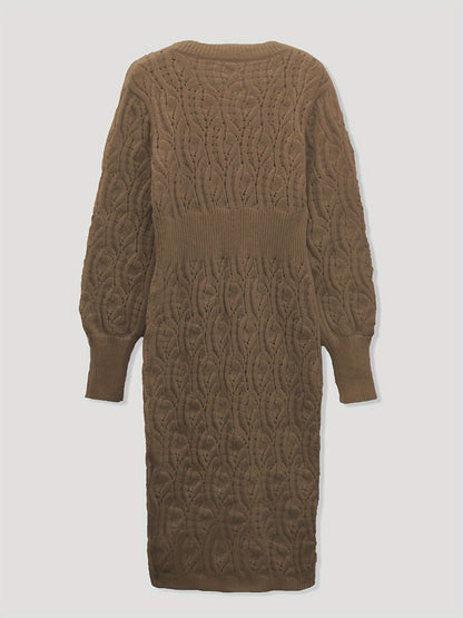 Chic Warm V-Neck Midi Sweater Dress - Hollow Detail, Semi-Sheer Elegance, Perfect for Fall/Winter