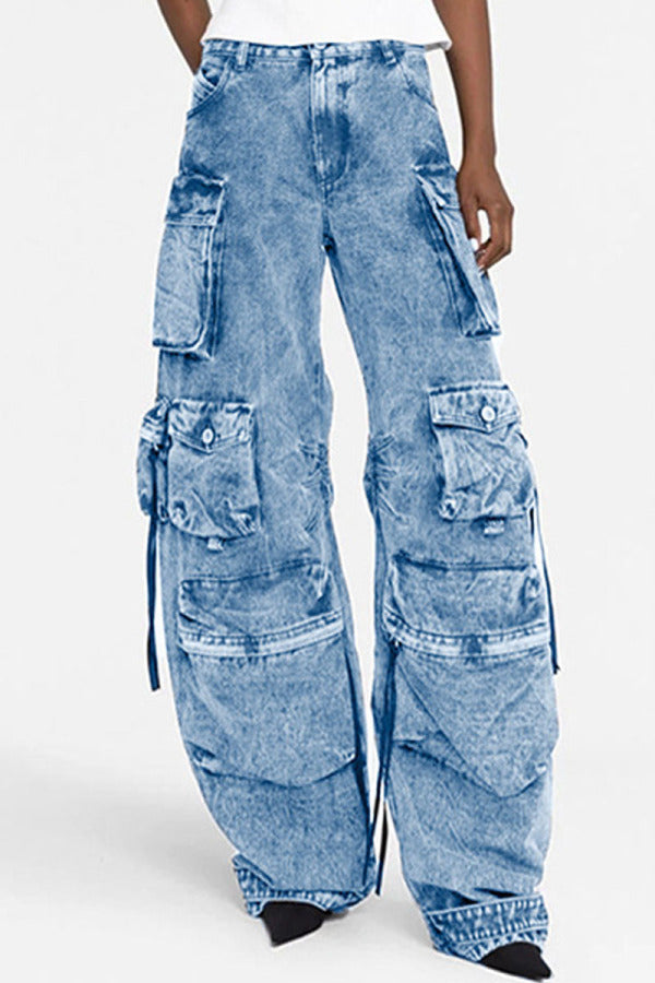 lovwvol  - Grey Casual Solid Patchwork High Waist Regular Denim Jeans