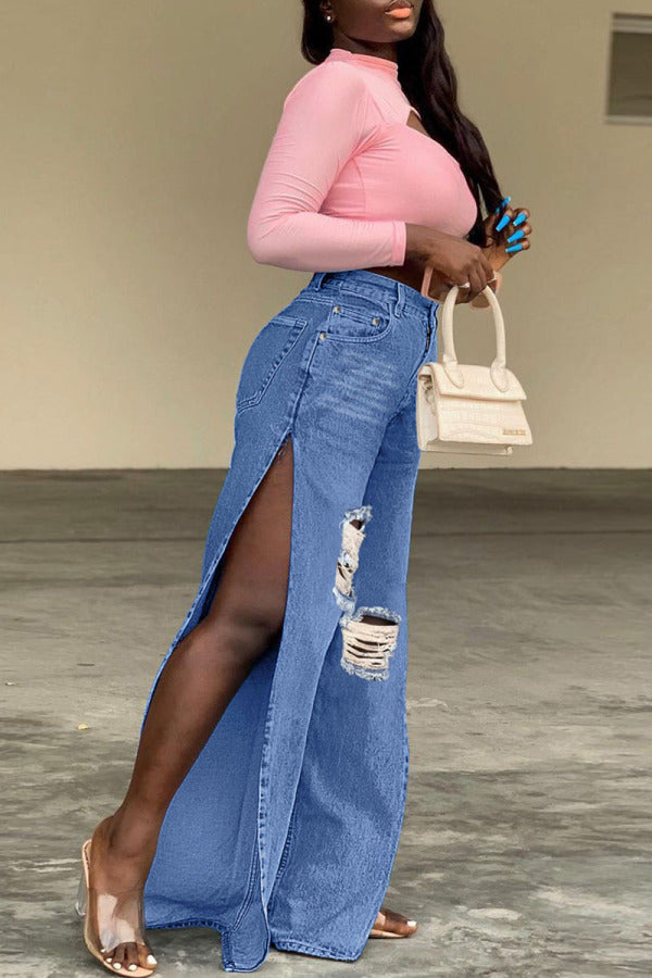 lovwvol  - Blue Sexy Street Solid Ripped Patchwork Slit High Waist Denim Jeans