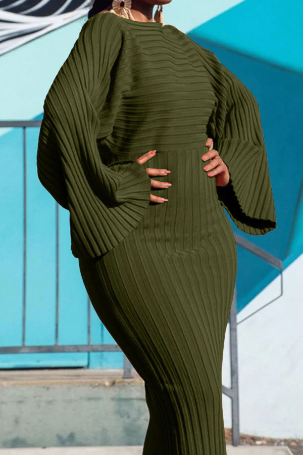 Solid Color Ribbed Chic Batwing Sleeve Maxi Dress