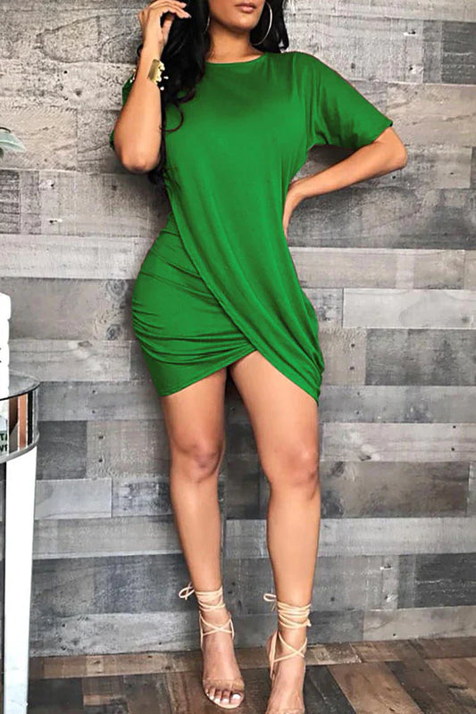 Solid Color Shirring Elegant Irregular Mini Dress