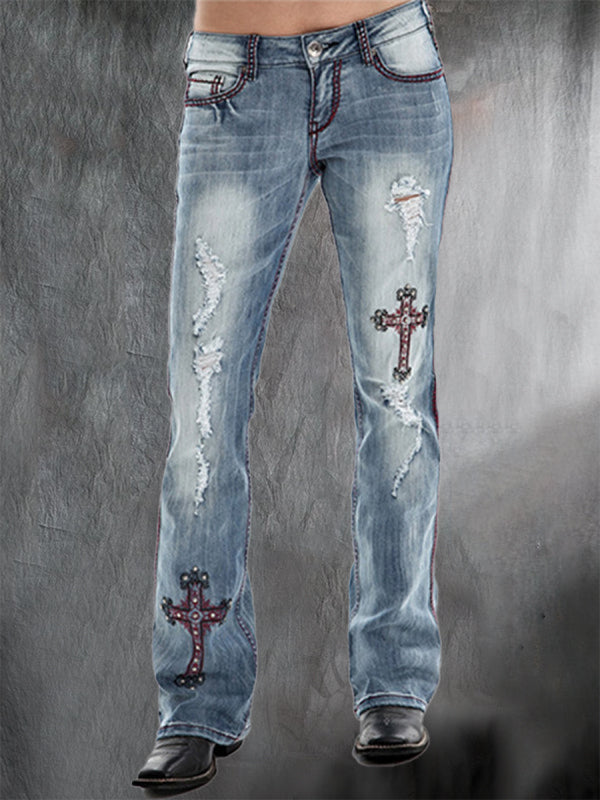 lovwvol  - Baby Blue Motorpunk Cross Pattern Denim Trousers