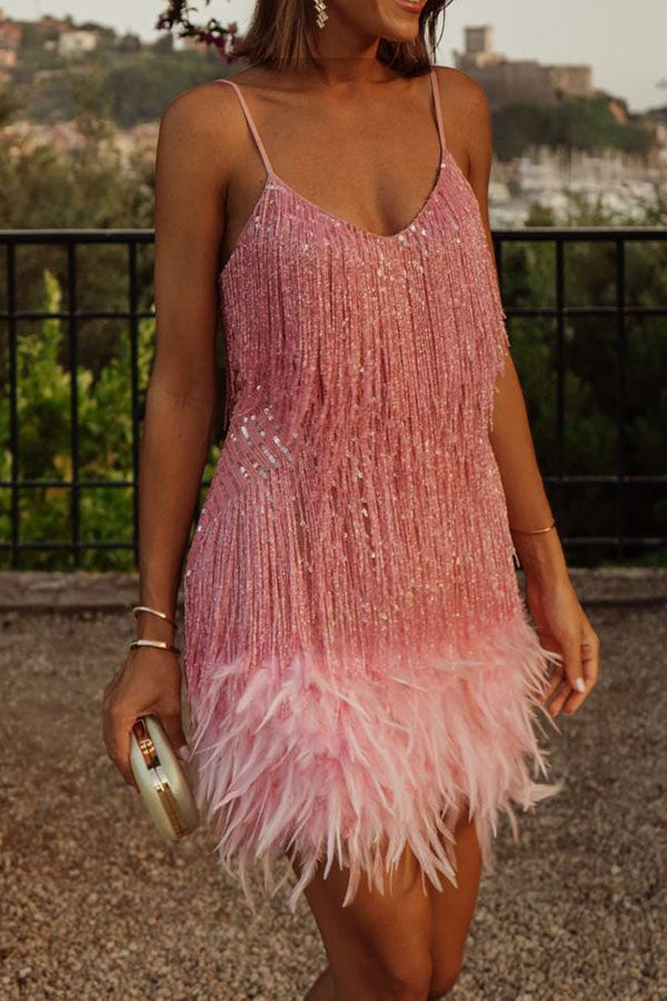 Feather&Sequined Sweet Mini Dress