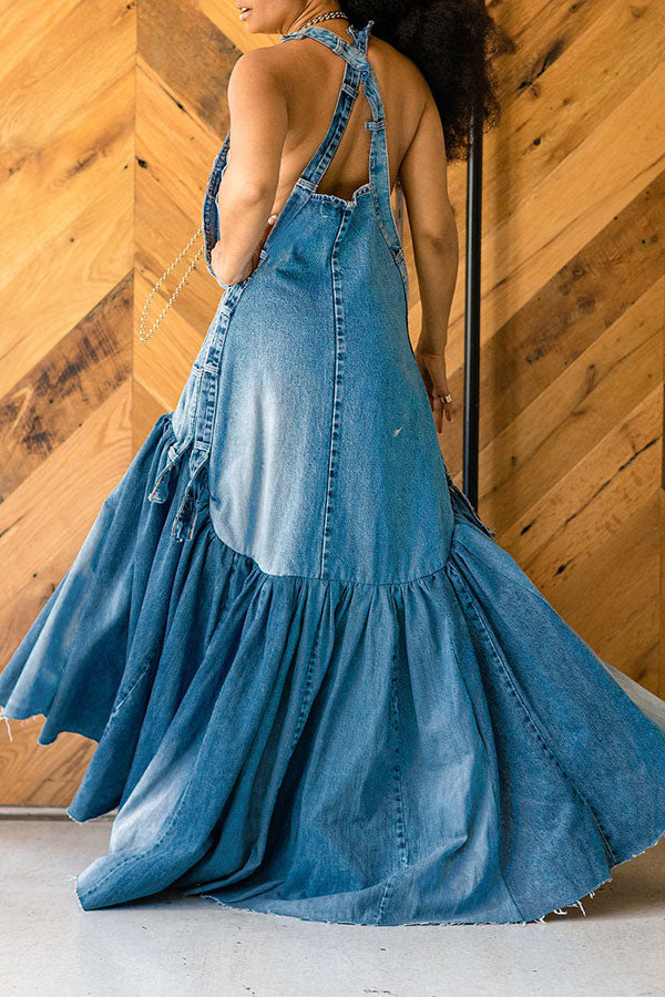 Patchwork Hyperbolic Ruffle Hem Denim Maxi Dress