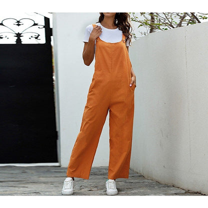 Women's Vintage Athleisure Overalls Rompers Pocket Full Length Pants Casual Weekend Micro-elastic Solid Color 30% Cotton Breathable Mid Waist White Black Orange Navy Blue S M L XL XXL