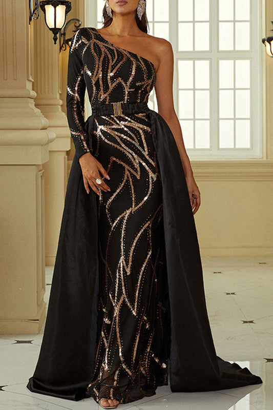 Sequined Luxe One Shoulder Trailing Maxi Dress