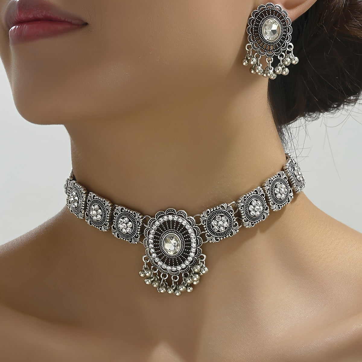 Elegant Vintage Jhumka Jewelry Set - Sparkling Stone-Paved Necklace & Earrings for Daily & Party Glamour