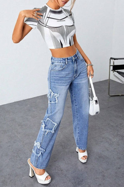 lovwvol  - Blue Casual Solid Patchwork High Waist Straight Denim Jeans