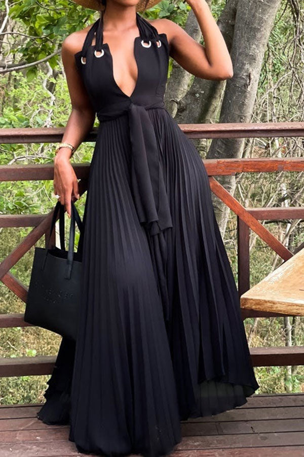 Black Halter Collar Stunning Lace-Up Pleated Swing Maxi Dress