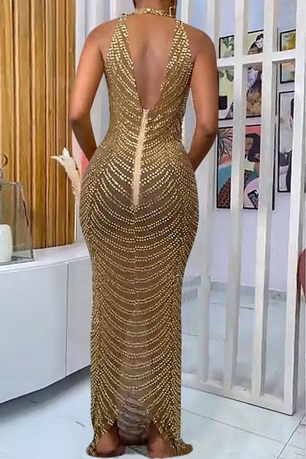 Rhinestone Party Back Split See-Through Maxi Dress